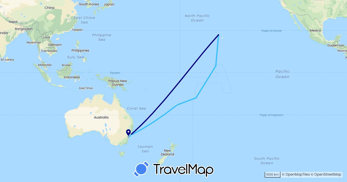 TravelMap itinerary: driving, boat in Australia, Fiji, Kiribati, United States (North America, Oceania)